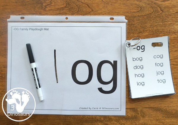 24 Free CVC Word Family Playdough Mats: -ad, -ag, -am, -an, -ar, -at, ay, -ed, -en, -et, -ig, -in, -ip, -it, -og, -op, -ot, -ow, -ox -oy, -ug, -un, -ut - Easy to use plus see a few ways to use the mats - 3Dinosaurs.com