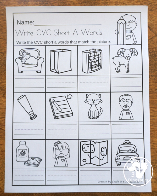 Free CVC Word Family Write the Words No-Prep Worksheet - 5 worksheets with CVC short vowel words and each page has one vowel sound - 3Dinosaurs.com  #3dinosaurs #kindergarten #firstgrade #cvc #wordfamily #learningtoread #shortvowels #freeprintable