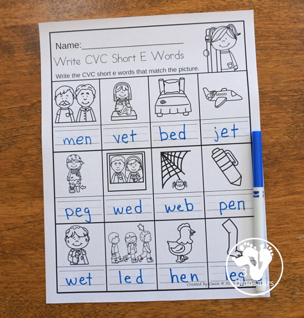 Free CVC Word Family Write the Words No-Prep Worksheet - 5 worksheets with CVC short vowel words and each page has one vowel sound - 3Dinosaurs.com  #3dinosaurs #kindergarten #firstgrade #cvc #wordfamily #learningtoread #shortvowels #freeprintable