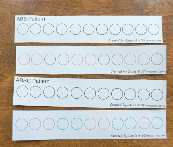 Free Dot the Pattern Printables - a fun pattern set with a mix of hands-on and no-prep pages for working on ABC and AB patterns for kids in preschool and kindergarten - 3Dinosaurs.com  #3dinosaurs #preschool #kindergarten #patternsforkids #freeprintable