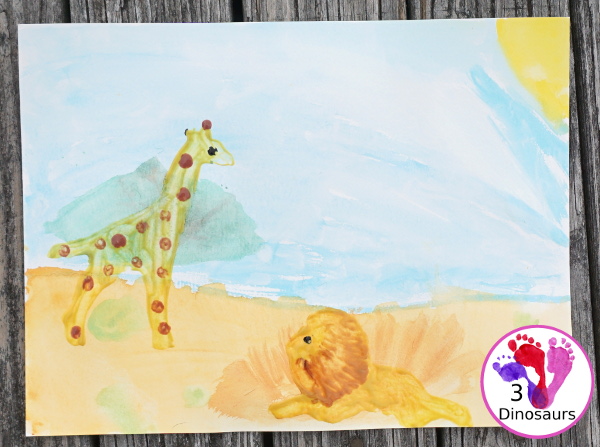 Giraffe & Lion Painting with Lions at Lunchtime - a fun watercolor and cookie cutter painting activity to make an African animal scene - 3Dinosaurs.com