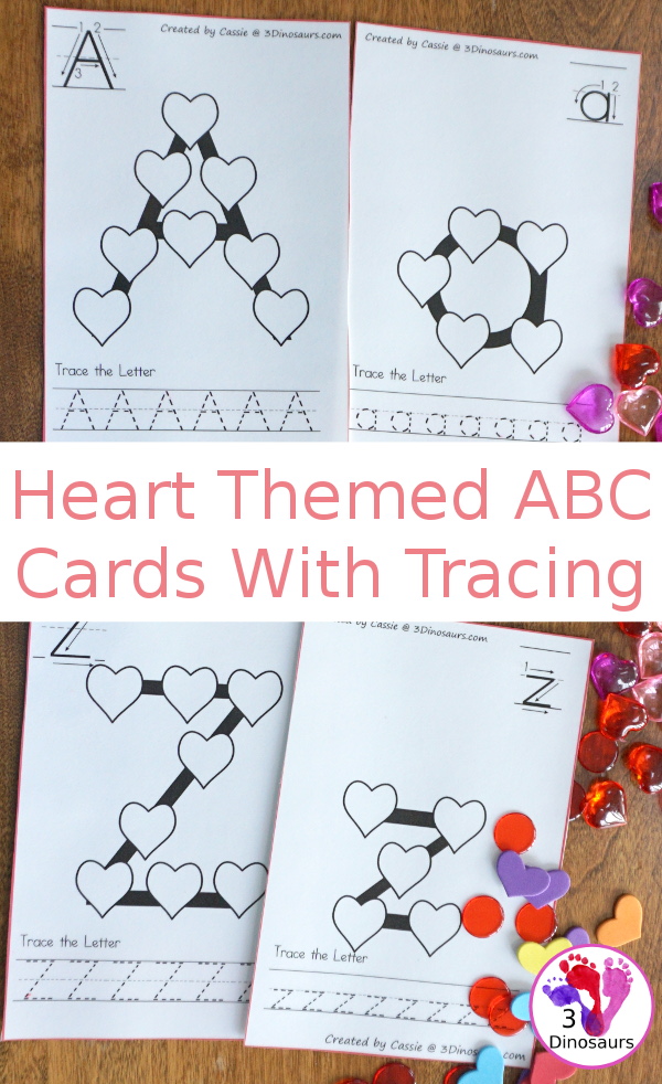 Free Heart ABC Letter Cards With Tracing - all 26 letters of the alphabet with hearts on the letters with tracing below - 3Dinosaurs.com #valentines #abcs #kindergarten #prek