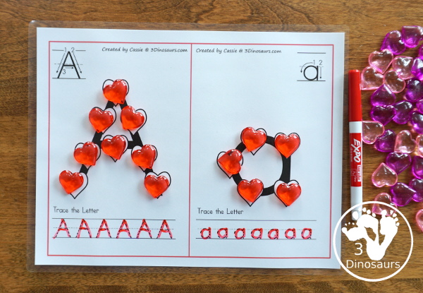 Free Heart ABC Letter Cards With Tracing - all 26 letters of the alphabet with hearts on the letters with tracing below - 3Dinosaurs.com #valentines #abcs #kindergarten #prek