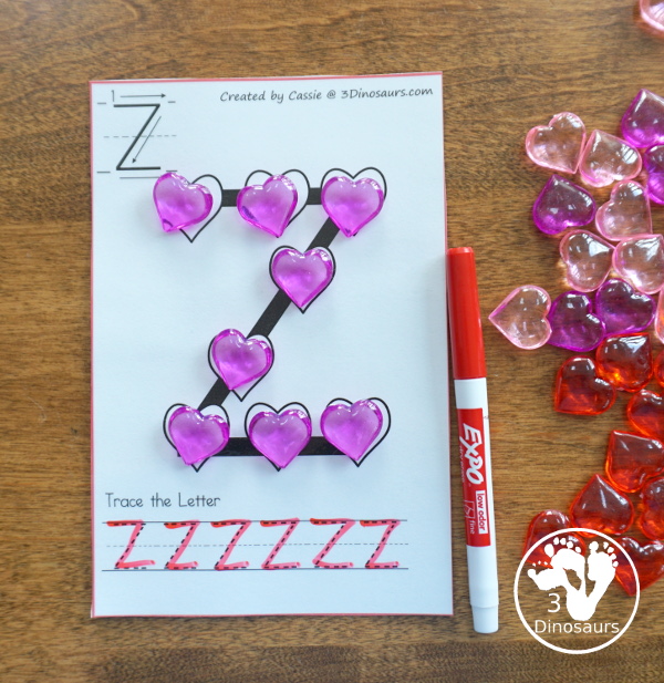 Free Heart ABC Letter Cards With Tracing - all 26 letters of the alphabet with hearts on the letters with tracing below - 3Dinosaurs.com #valentines #abcs #kindergarten #prek