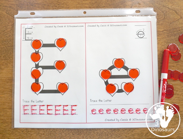 Free Heart ABC Letter Cards With Tracing - all 26 letters of the alphabet with hearts on the letters with tracing below - 3Dinosaurs.com #valentines #abcs #kindergarten #prek