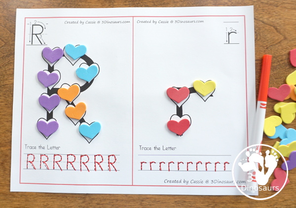 Free Heart ABC Letter Cards With Tracing - all 26 letters of the alphabet with hearts on the letters with tracing below - 3Dinosaurs.com #valentines #abcs #kindergarten #prek