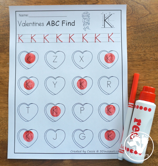 Heart Themed ABC Letter Find - 52 pages of printables that work on uppercase and lowercase letters with tracing and finding - 3Dinosaurs.com #valentines #abcs #kindergarten #prek