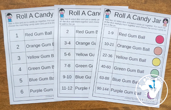 Free Roll a Candy Jar Math - Counting, Addition & Multiplication - There are great for kindergarten, prek, first grade, second grade, and third grade with a great way to reuse math practice  - 3Dinosaurs.com