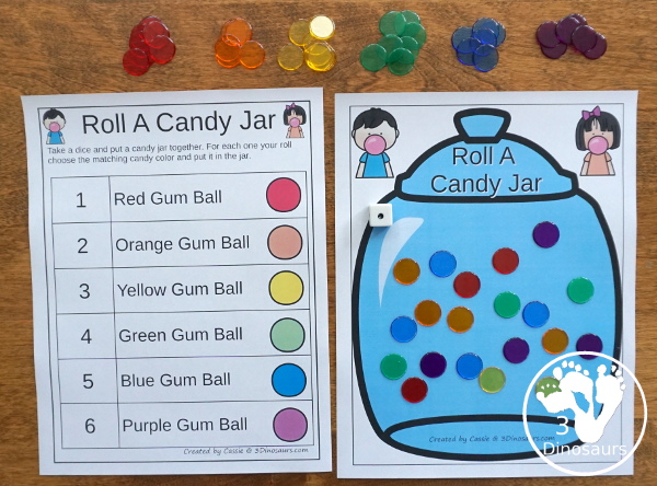 Free Roll a Candy Jar Math - Counting, Addition & Multiplication - There are great for kindergarten, prek, first grade, second grade, and third grade with a great way to reuse math practice  - 3Dinosaurs.com
