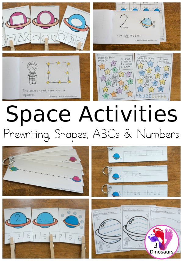 Space Activities Pack for Prewriting, Shapes, ABCs, and Numbers - 189 pages of activities with no-prep worksheets, easy reader books, clip cards and tracing strips. All to help have fun with planets, rockets and moons in easy to prepare pages and hands-on activities - 3Dinosaurs.com