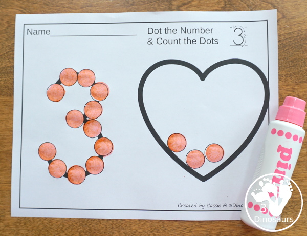 Valentines Dot the Number Count the Number - this is a fun counting activity with dot markers that works on numbers 0 to 20 with color or black and white options - 3Dinosaurs.com #valentiens #dotmaker #doadot #numbers #counting #kindergarten #prek