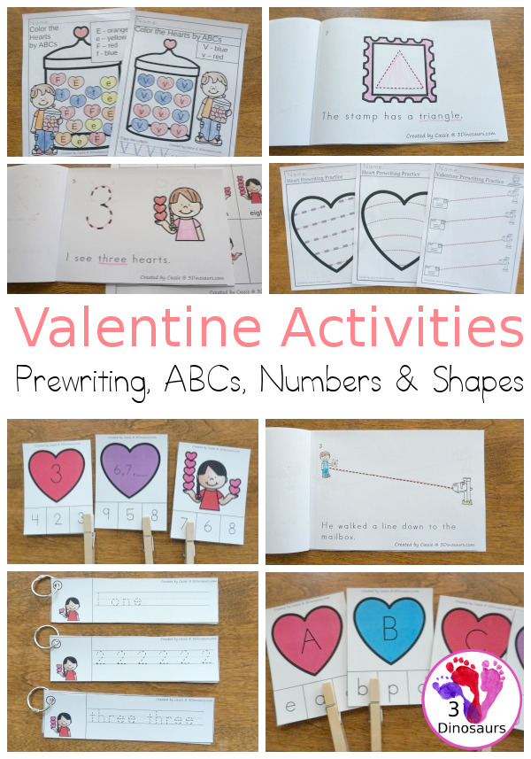 Valentine Activities Pack for Prewriting, Shapes, ABCs, and Numbers - 189 pages of activities with no-prep, easy reader books, clip cards and tracing strips. All to help have fun with a heart and mail theme during the Valentines with easy to prepare or low prep activities - 3Dinosaurs.com