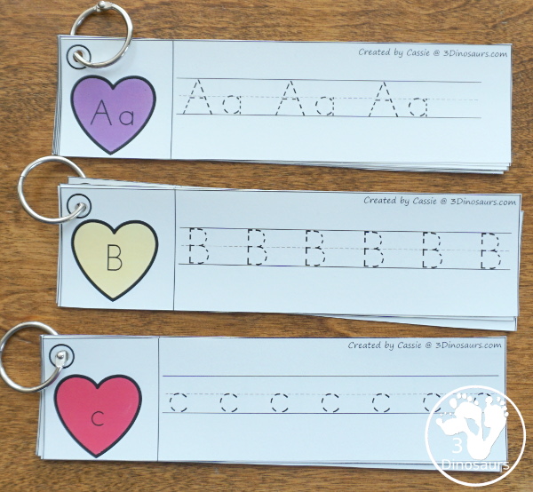 Valentine Activities Pack for Prewriting, Shapes, ABCs, and Numbers - ABC tracing strips for kids to have with 3 types of cards - 3Dinosaurs.com