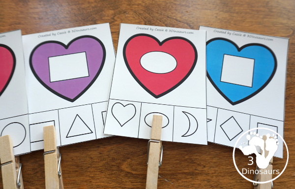 Valentine Activities Pack for Prewriting, Shapes, ABCs, and Numbers - shape clip cards where you find the same shape to clip - 3Dinosaurs.com
