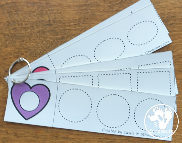 Valentine Activities Pack for Prewriting, Shapes, ABCs, and Numbers - shape tracing strips with 9 shapes for kids to work on. - 3Dinosaurs.com