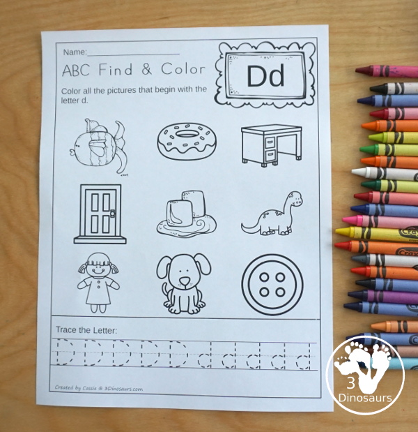ABC Trace Color & Find - with 26 pages of printables that work on tracing, finding and coloring the matching item with all 26 letters of the alphabets. - 3Dinosaurs.com