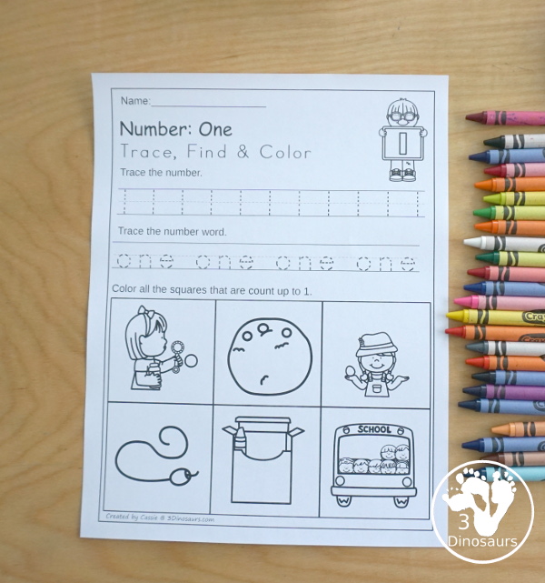 Numbers Trace Color & Find - with 21 pages of printables that work on tracing, finding and coloring the the number with numbers 0 to 20. - 3Dinosaurs.com