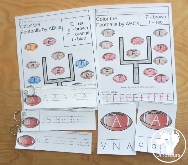 Football Activities Pack for Alphabet - alphabet find and color, ABC find color and trace, abc clip cards with uppercase and lowercase letters, ABC tracing strips with three different types - 3Dinosaurs.com