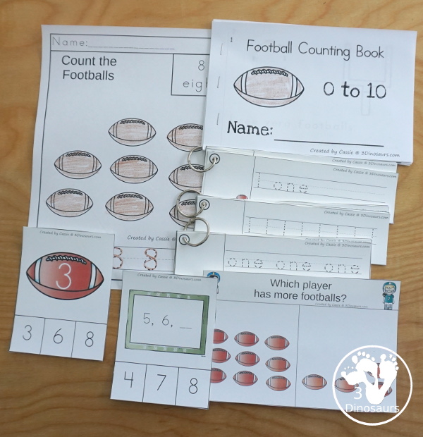 Football Pack for Numbers - three sets of number clip cards, number easy reader book, three number tracing strips, number no-prep tracing and number coloring pages  - 3Dinosaurs.com