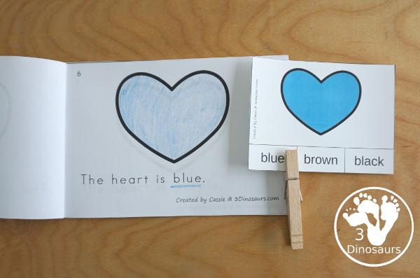 Free Heart Color Easy Reader Book & Clip Cards - 12 pages book with 11 colors and matching clip cards to work on color words  - 3Dinosaurs.com