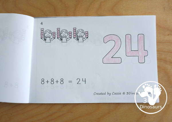 Free Heart Skip Counting by 8 Easy Reader Book - a fun easy reader book with repeat addition, visuals for the addition and numbers to color - 3Dinosaurs.com