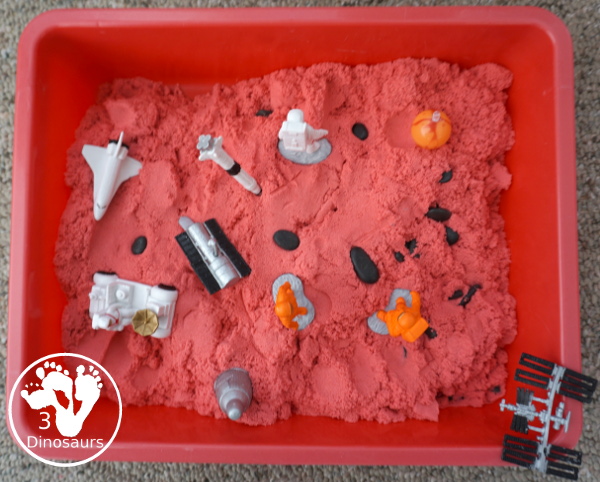 Mars Themed Sensory Bin with kinetic sand - a fun way to explore the red planet Mars - 3Dinosaurs.com