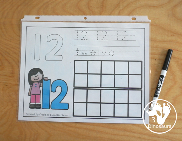 FREE Number Counting Ten Frame Mats - with numbers 1 to 20 for kids to work on learning numbers and counting with ten frame, tracing of number and playdough number - 3Dinosaurs.com