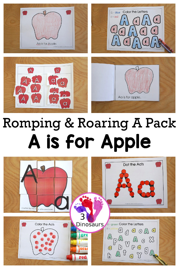 Free Romping & Roaring A Pack; A is for Apple - with 47 pages of activities for kids to work on learning the letter A with prewriting, puzzles, tracing, coloring, dot markers letters and more - 3Dinosaurs.com