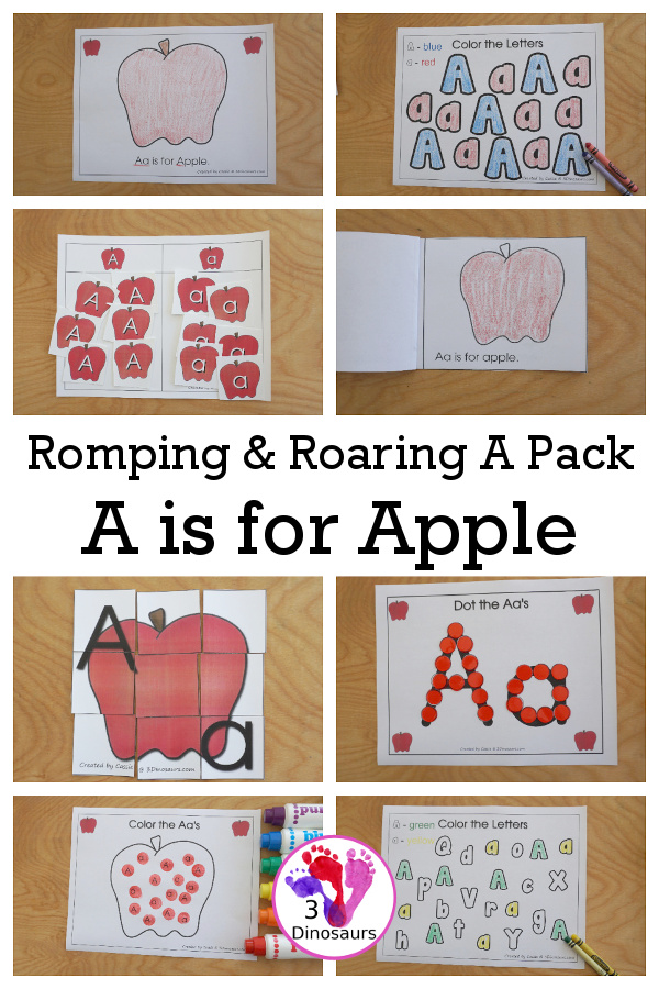 Free Romping & Roaring A Pack; A is for Apple - with 47 pages of activities for kids to work on learning the letter A with prewriting, puzzles, tracing, coloring, dot markers letters and more - 3Dinosaurs.com