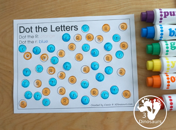 Free Romping & Roaring R Pack - R is for Rainbow theme with prewriting, writing, puzzles, dot marker letters, letter finds and more - 3Dinosaurs.com