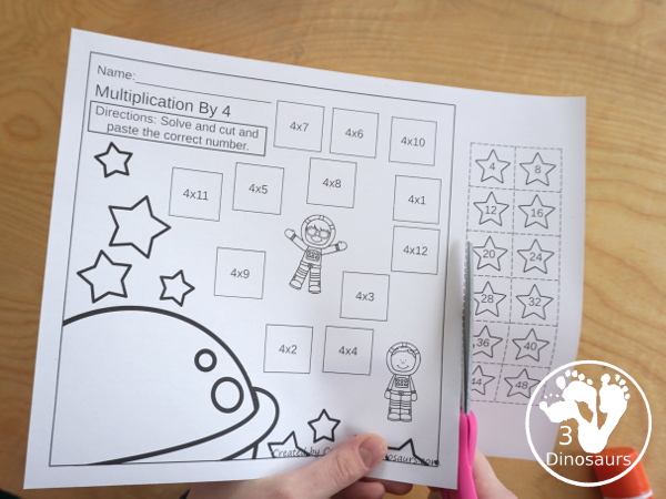 Free Space Themed Multiplication Cut & Paste - with multiplication from 1 to 12 with cut and paste the answer on the equation - 3Dinosaurs.com