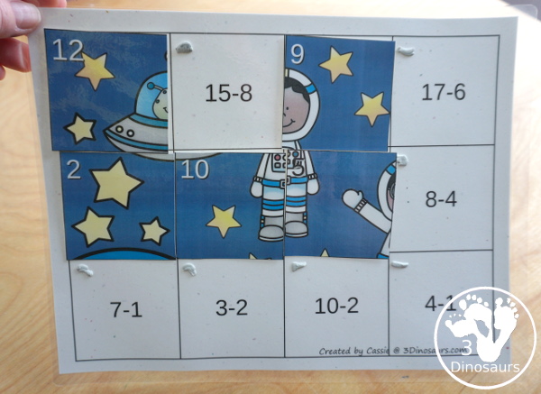 Free Space Subtraction Puzzle - with subtraction from 20 to 1 in a 12 piece puzzles for kids to have fun solving and matching - 3Dinosaurs.com