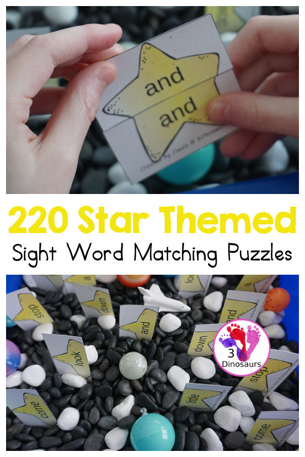 Free Space Theme Star Sight Word Matching Puzzles with 220 Sight Words - easy to use two piece puzzles for 220 sight words for kids to- 3Dinosaurs.com