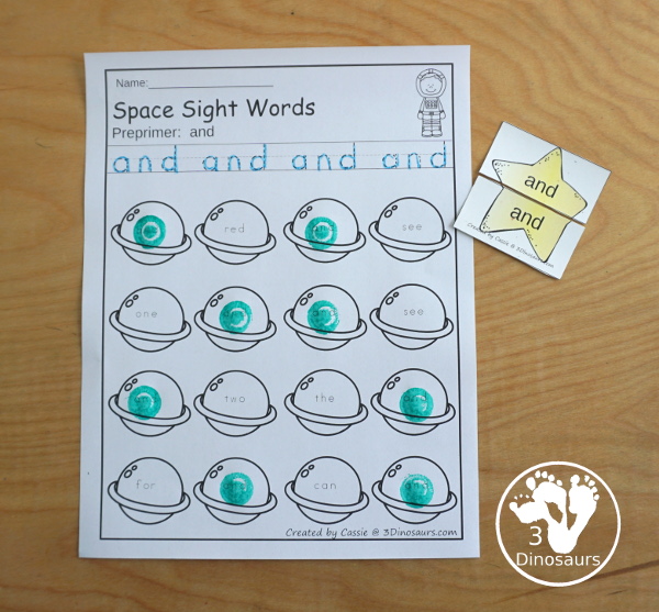 Free Space Theme Star Sight Word Matching Puzzles with 220 Sight Words - easy to use two piece puzzles for 220 sight words for kids to- 3Dinosaurs.com