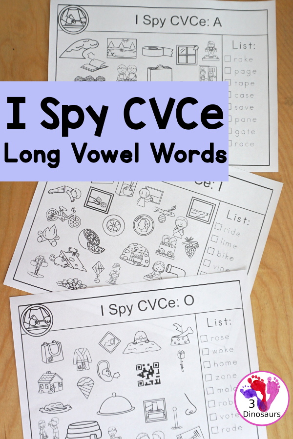 CVCe I Spy Printable for Long A, Long I, & Long O with word lists and pictures to find with all matching the CVCe pattern - 3Dinosaurs.com
