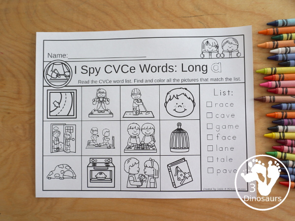 CVCe I Spy Selling Set - fun I spy worksheets with word list and finding the matching picture. You have 6 ot 7 pictures to find on each CVCe find worksheet with a mix of CVCe endings, CVCe by long vowel and CVCe mixed long vowel - 3Dinosaurs.com