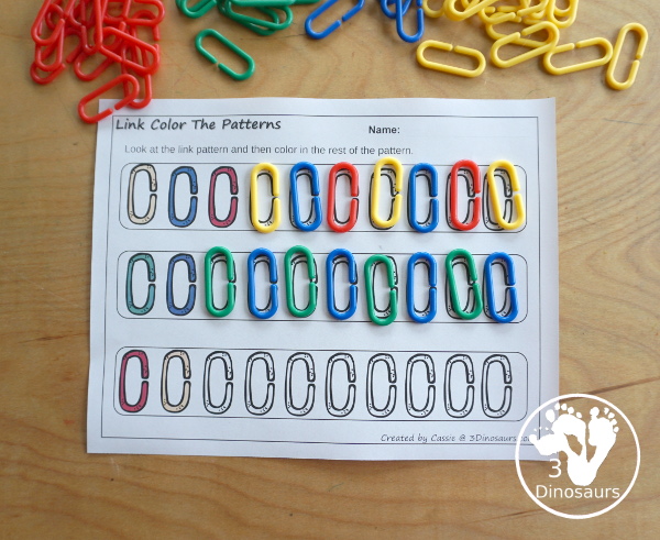 Free Link Theme Math Pack - with patterns, addition, graphing and more with a link theme for kindergarten and prek math centers - 3Dinosaurs.com