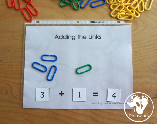 Free Link Theme Math Pack - with patterns, addition, graphing and more with a link theme for kindergarten and prek math centers - 3Dinosaurs.com