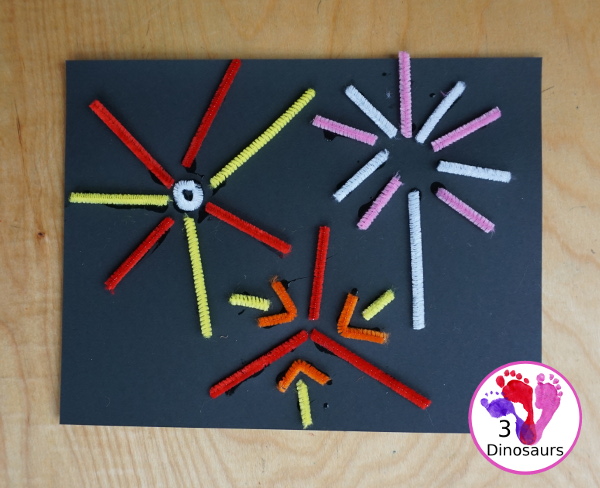 Pipe Cleaner Fireworks - an easy to make fireworks craft made with cut up pipe cleaners and glue. - 3Dinosaurs.com