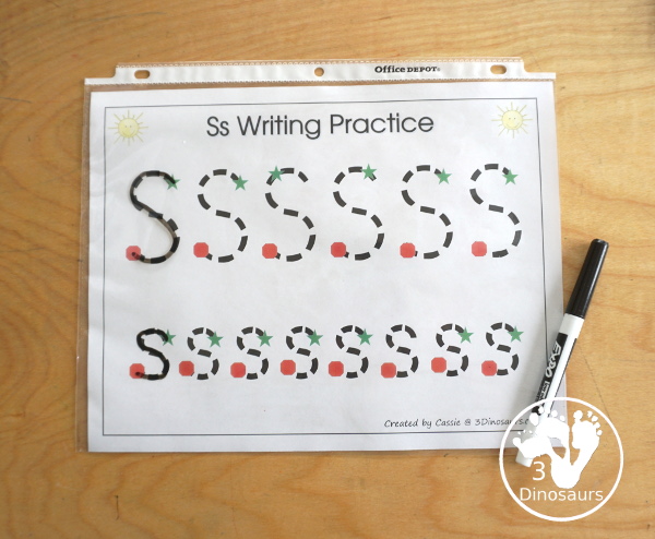 Free Romping & Roaring S Pack Letter Pack: S is for Sun - a letter S pack that has prewriting, finding letters, tracing letters, coloring pages, shapes, puzzles and more - 3Dinosaurs.com