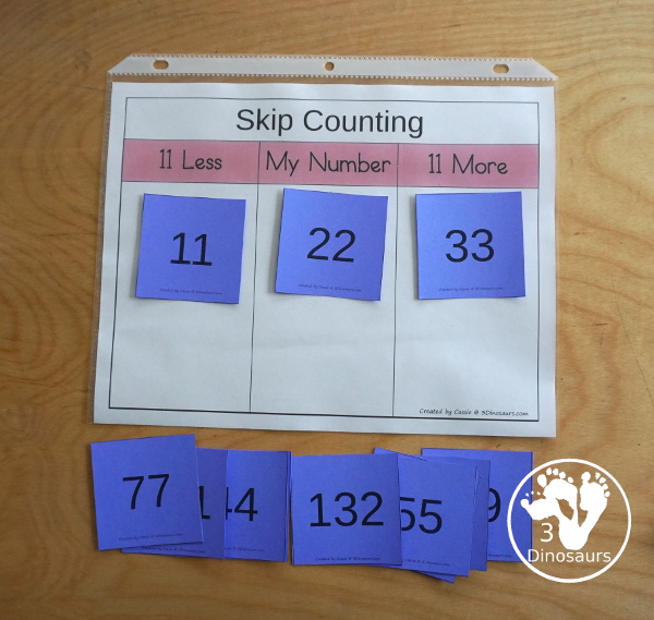 Free Skip Counting Less & More Printable - with adding and subtracting by skip counting numbers with skip counting from 2 to 12 with skip counting mats, skip counting cards and ship counting recording worksheet - 3Dinosaurs.com