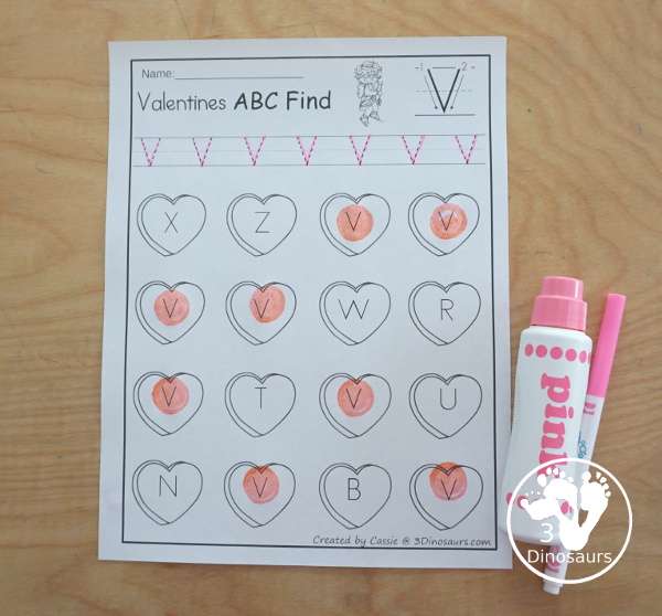 Valentine's ABC Letter Find Printable - It works on uppercase and lowercase letters with tracing and then finding the letter it has all 26 letters of the alphabet  - 3Dinosaurs.com