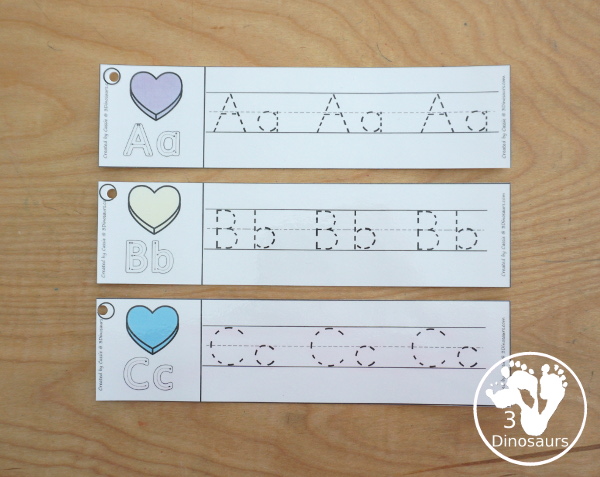 Free Valentine Theme ABC Tracing Strips - with uppercase and lowercase together. You have fun kids with a heart plus you can see an example of how to trace the letters - 3Dinosaurs.com