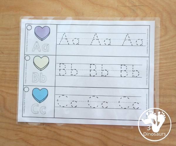 Free Valentine Theme ABC Tracing Strips - with uppercase and lowercase together. You have fun kids with a heart plus you can see an example of how to trace the letters - 3Dinosaurs.com
