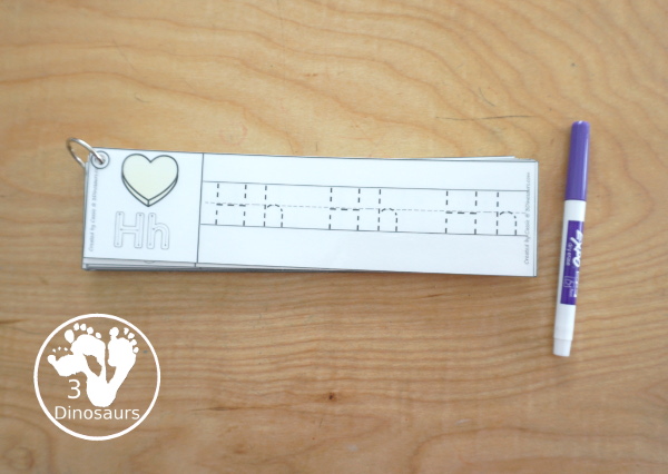 Free Valentine Theme ABC Tracing Strips - with uppercase and lowercase together. You have fun kids with a heart plus you can see an example of how to trace the letters - 3Dinosaurs.com