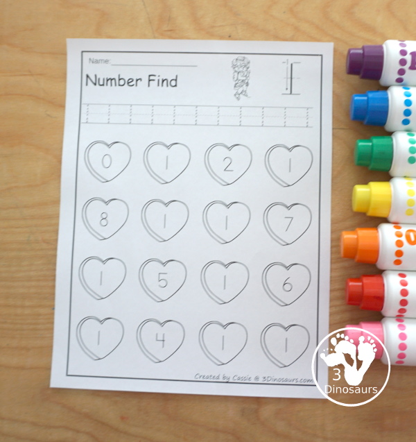 Valentine Number Find - with numbers from 0 to 20 with number words and number digit for kids to trace and then find on the hearts. - 3Dinosaurs.com