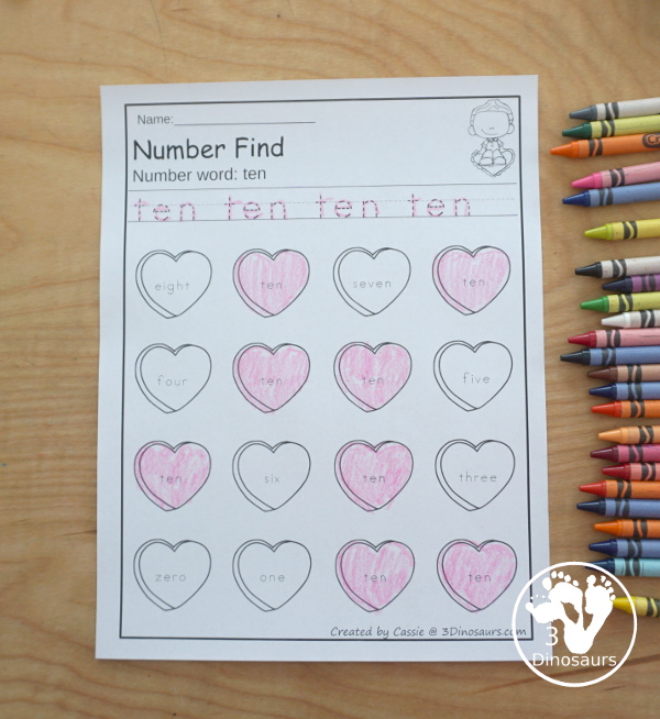 Valentine Number Find - with numbers from 0 to 20 with number words and number digit for kids to trace and then find on the hearts. - 3Dinosaurs.com