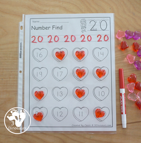 Valentine Number Find - with numbers from 0 to 20 with number words and number digit for kids to trace and then find on the hearts. - 3Dinosaurs.com