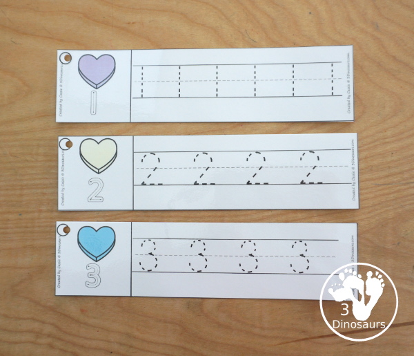 Free Heart Theme Number Tracing Strips - with numbers 1 to 20  with number the numerical number- 3Dinosaurs.com
