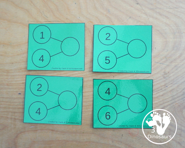 Free Number Bond Addition Flashcard Printables with number bond for addition up to 10 with fill in number bonds and missing number bond numbers - 3Dinosaurs.com